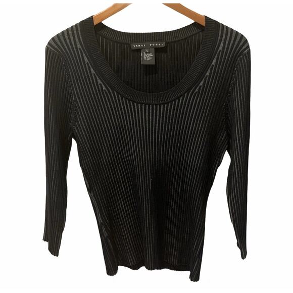 Yansi Fugel Sweaters - Yansi Fugel Silk Sweater Size Large Black Ribbed Scoop Neck 3D Stitch Stretch